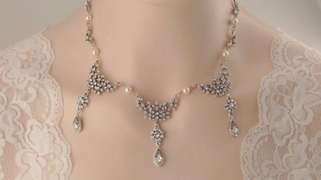 wedding photo - Bridal necklace -Antique silver vintage inspired art deco Swarovski crystal rhinestone bridal necklace -Swarovski crystal and pearl necklace