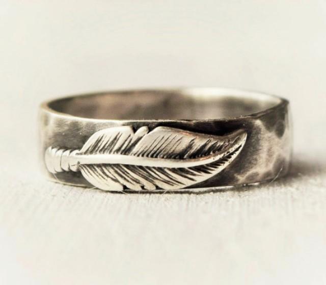 Sterling Silver Feather Ring Hammered Band Hand Jewelry