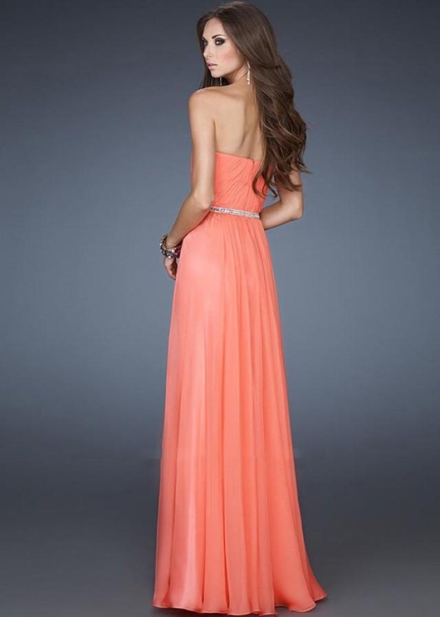 wedding photo - Cheap Hot Coral Strapless Chiffon Long Prom Dress With Belted Waist