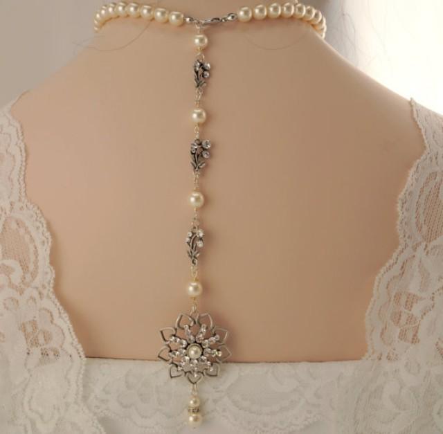 wedding photo - Bridal back drop necklace -Vintage inspired art deco Swarovski crystal rhinestone bridal back drop necklace -Wedding jewelry -Pearl necklace