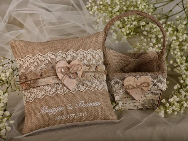wedding photo - Flower Girl  Natural Birch Bark Basket &  Burlap Ring Bearer Pillow Set, Shabby Chic Burlap Rustic Basket , Embroidery Names