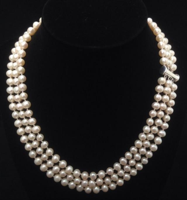 wedding photo - Triple Strand Pearl Necklace, Genuine Pearl Necklace, AA  Pearl Necklace, Freshwater Pearl Necklace, 6mm-6.5mm from ADARNA GALLERY