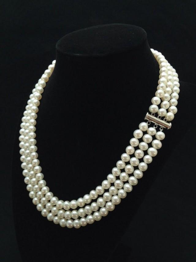 wedding photo - Genuine Pearl Necklace, AAA  Pearl Necklace, Triple Strand Pearl Necklace, Multi strand Freshwater Pearl Necklace from ADARNA GALLERY