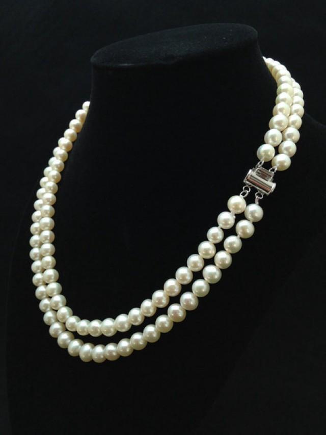 wedding photo - Genuine Pearl Necklace, AAA  Pearl Necklace, Double Strand Pearl Necklace, Multi strand Freshwater Pearl Necklace from ADARNA GALLERY