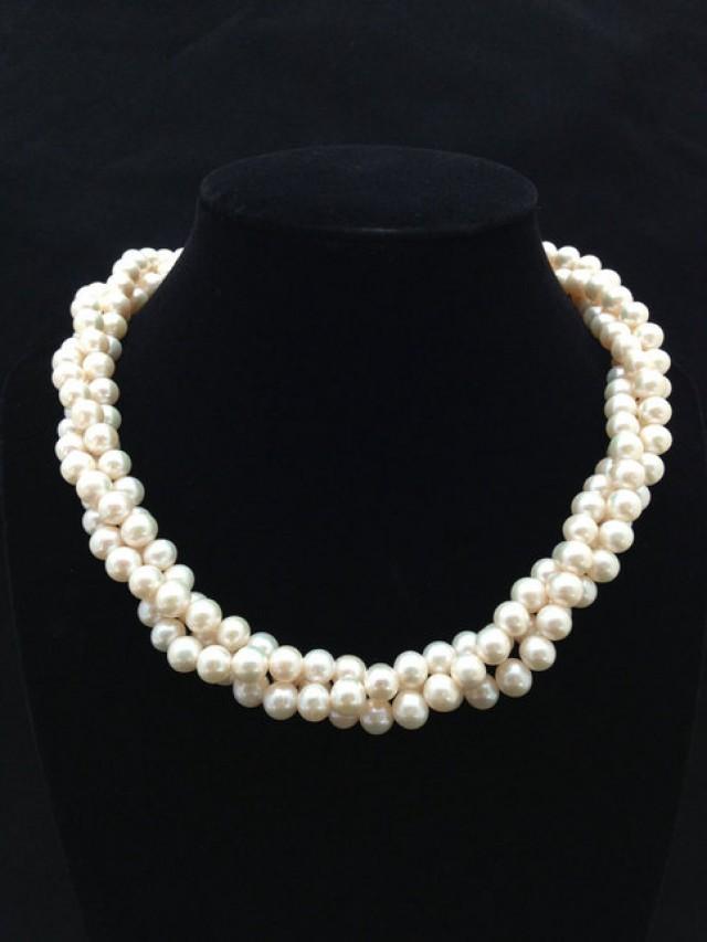 wedding photo - Twisted Triple strand Pearl Necklace,AA  Multi Strand Genuine Pearl Necklace,Freshwater Pearl Necklace from ADARNA GALLERY