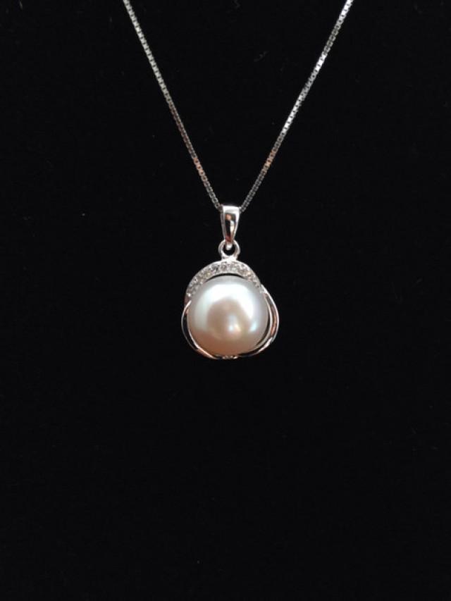 wedding photo - Genuine Pearl Pendant Necklace, 10mm AAA  Genuine Pearl with 16 Inches 925 Silver Necklace, Pearl Silver Pendant, from ADARNA GALLERY