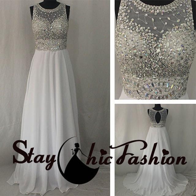 wedding photo - 2015 White Sparkly Beaded Illusion Top Long Chiffon Prom Dress for Junior. Dazzling White Sequined Mesh Inset Scoop Neck Bridal Formal Dress