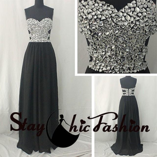 wedding photo - Silver Rhinestones Beaded Top Sexy Black Long Cutout Waist Chiffon Prom Dresses 2015, Girls Beaded Side Cutouts Long Homecoming Dresses