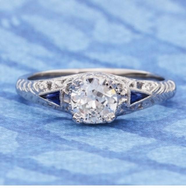 wedding photo - 1920s Art Deco Vintage Engagement Ring Setting with Side Sapphires in Platinum