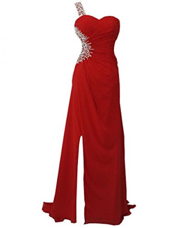 wedding photo - Staychicfashion Womens Red Beaded One Strap Cutout Waist Long Slit Prom Dress