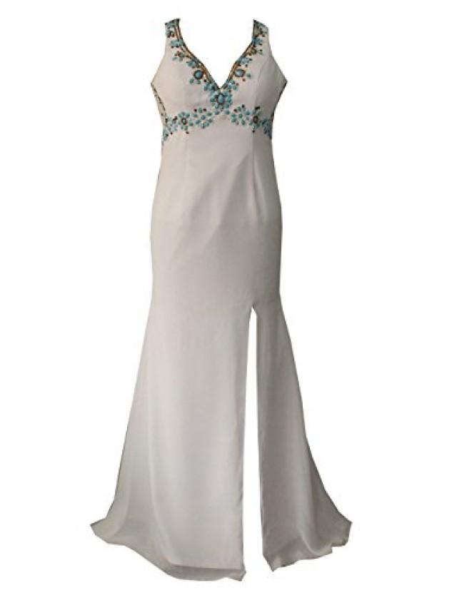 wedding photo - Staychicfashion Blue Rhinestones Beaded Top White V Neck Sheer Back Slit Dress