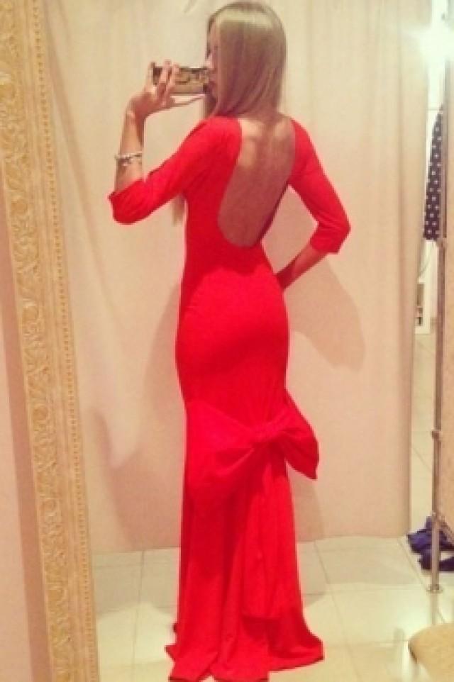 wedding photo - Backless 3/4 Sleeves Big Bow Accent Floor Length Red Evening Dress