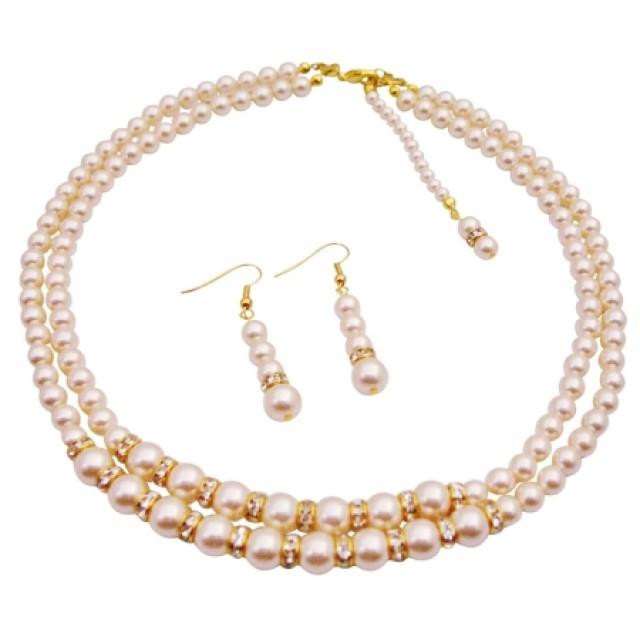 wedding photo - Back Drop Down Bridal Double Stranded Ivory Pearls Jewelry Set