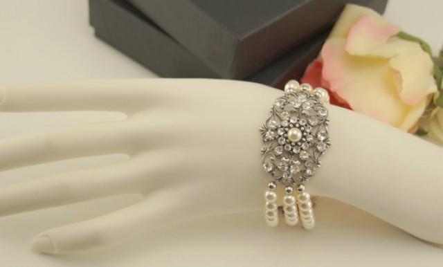 wedding photo - Vintage inspired antique silver art deco Swarovski crystal rhinestone bridal bracelet -Wedding jewerly - Antique silver bracelet
