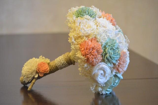 wedding photo - Mint Peach and Ivory Bridal Bouquet and Boutonnier
