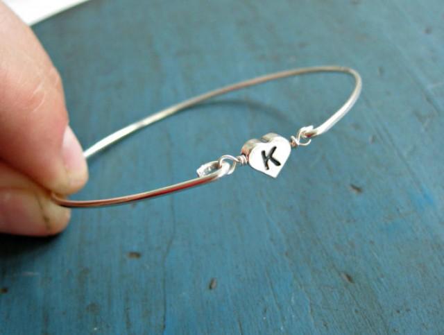 wedding photo - Personalized Initial Bracelet Sterling Silver Bangle Bridesmaid Jewelry Flower girl Gift Personalized gifts