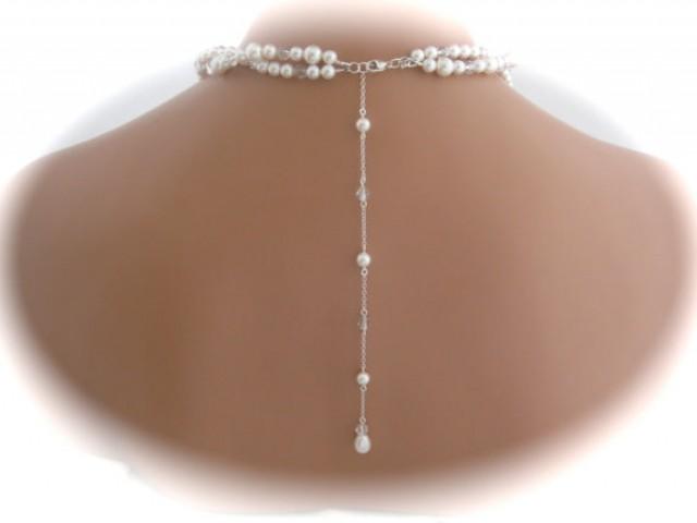 wedding photo - Wedding Jewelry pearl backdrop necklace Swarovski pearl backdrop jewelry with silver shade crystals