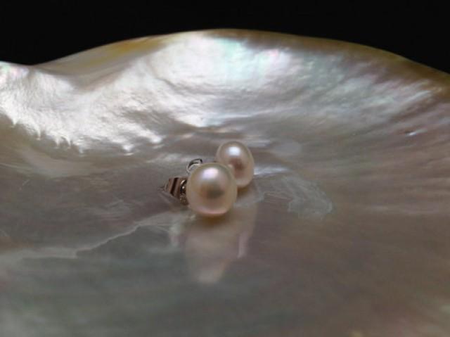 wedding photo - AAA Quality 10mm White Cultured Pearl Earrings from ADARNA GALLERY