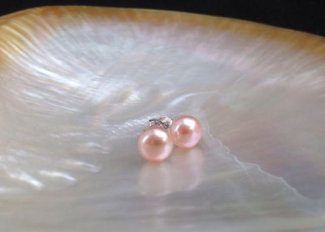 wedding photo - 7mm Natural Pink Color AAA Genuine Pearl Earrings, Genuine Pearl Studs, Genuine Pearl Earrings, Genuine Pearl Stud Earrings, 925 Silver Post from ADARNA GALLERY