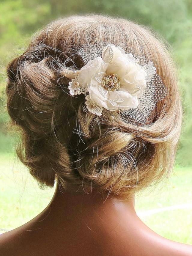 wedding photo - Champagne Bridal Hair Flower Clip, Hair Accessory, Bridal Hair Flower, Wedding Hair Piece, Gold Pearl Rhinestone Tulle Lace Hair Flower