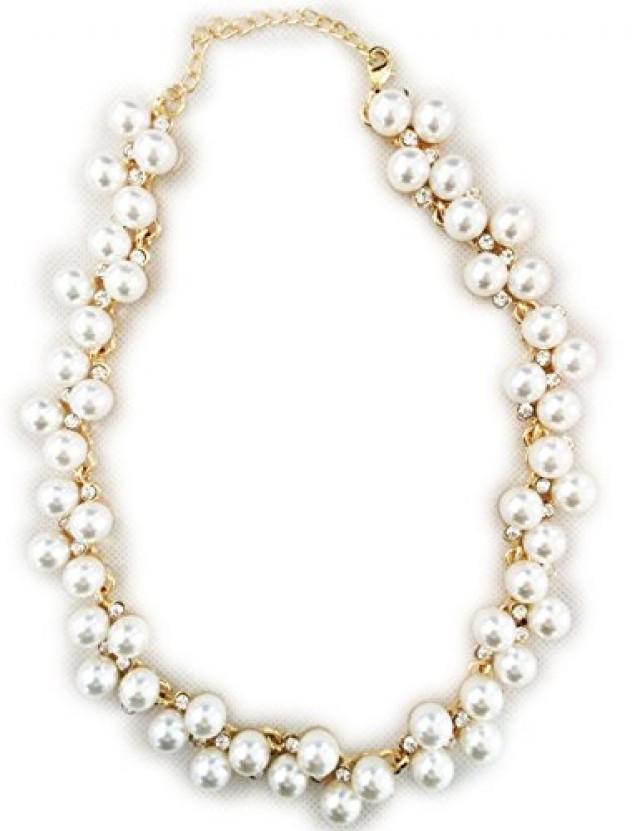 wedding photo - Staychicfashion White Pearls Beaded Gold Tone Chain Wedding Jewelry Necklace