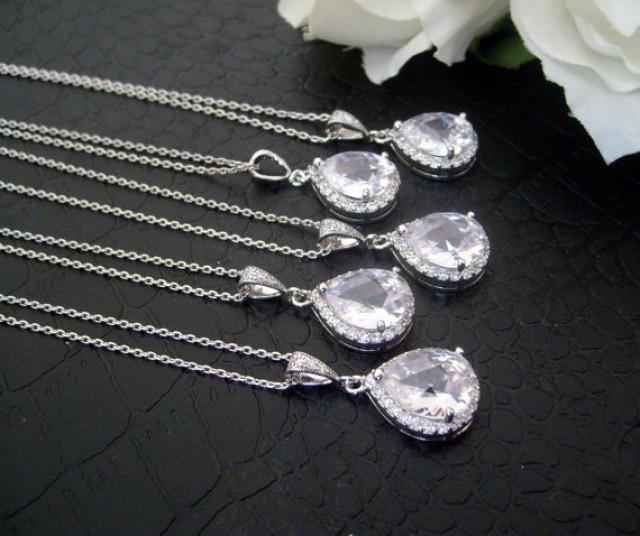 wedding photo - 5 set of bridesmaid necklaces 925 sterling silver cubic zircon white gold plated luxury bridesmaid necklace wedding jewelry bridal jewelry