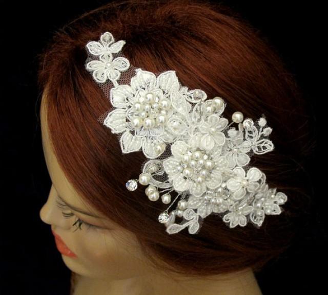 wedding photo - Rhinestone Pearl Beaded Lace Bridal Headband Wedding Accessories Ivory Headpiece Silvery Beaded Hair Piece