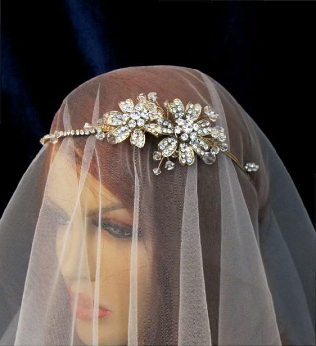 wedding photo - Golden Rhinestone Beaded Flower Tiara Bridal Head band Wedding Accessories Headpiece Head Piece