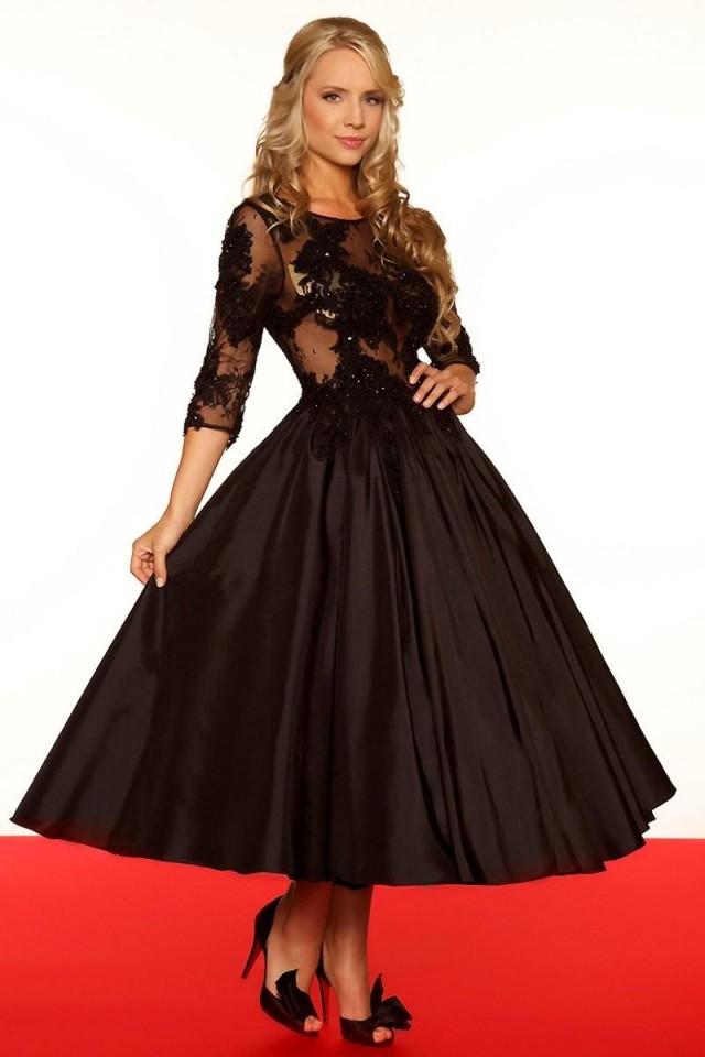 2015 New Hot Sale A-line Black Evening Dresses Half Sleeves Bateau Taffeta Applique Upper ...