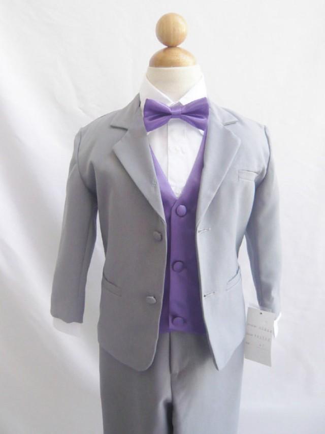 Formal Boy Suit Gray With Purple Eggplant Vest For Toddler Baby Ring Bearer Easter Communion Bow