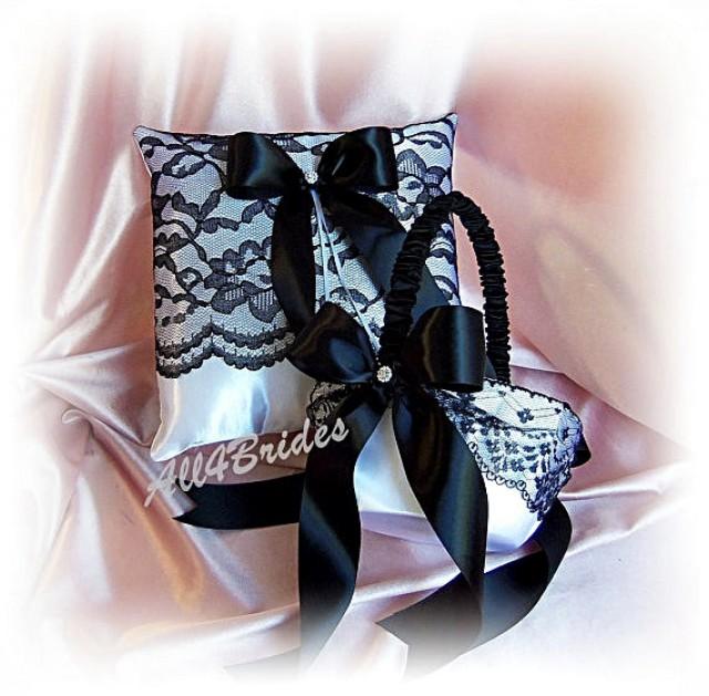 wedding photo - Black and white wedding ring pillow and flower girl basket -  black lace ring bearer pillow and basket