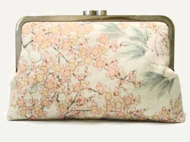 wedding photo - Bridal Clutch Purse In Very Pale Blue Silk Featuring Camellia And Plum Blossom Flowers In Pink And Gold, Made From Japanese Silk 9" x 5.5"