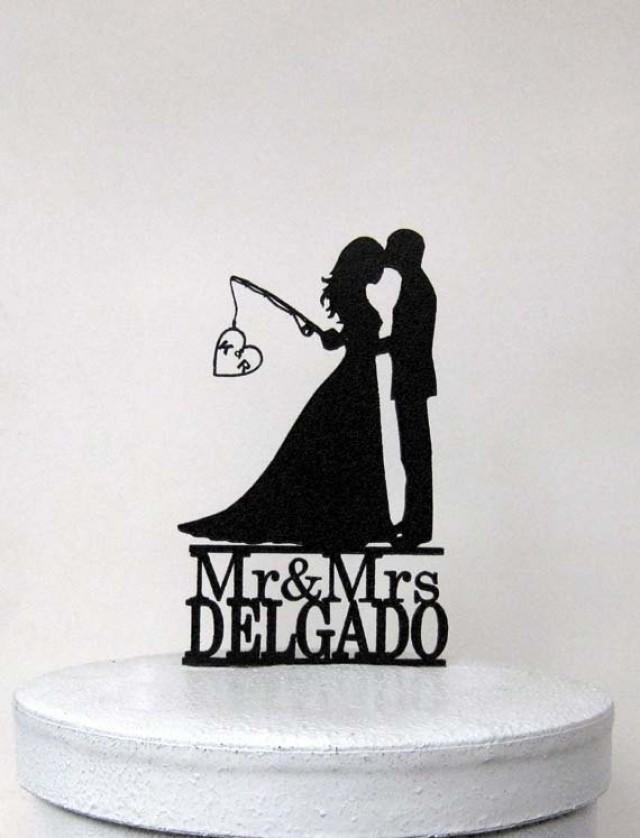 wedding photo - Custom Wedding Cake Topper - Hooked on Love with personalized Initials + Mr & Mrs last name