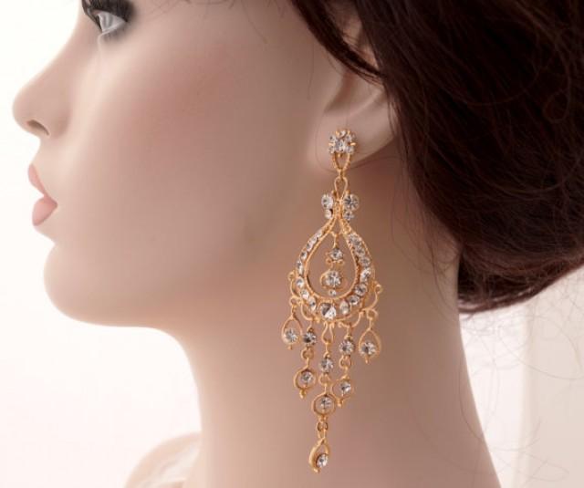 wedding photo - Rose gold chandelier earrings-Rose gold bridal earrings-Rose gold art deco rhinestone Swaroski crystal earrings - Wedding jewelry