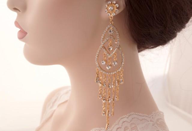 wedding photo - Rose gold chandelier long earrings-Rose gold bridal earrings-Rose gold art deco rhinestone Swaroski crystal earrings - Wedding jewelry