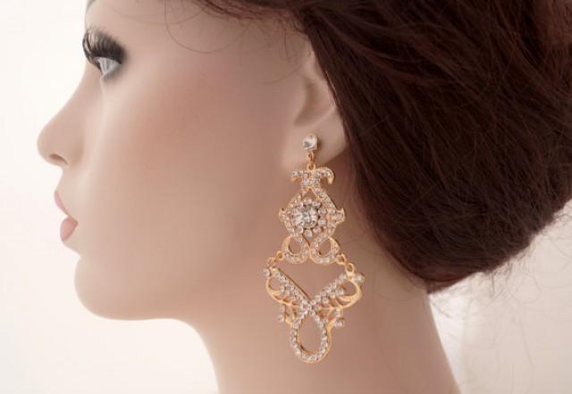 wedding photo - Rose gold vintage style earrings-Rose gold bridal earrings-Rose gold art deco rhinestone Swaroski crystal earrings - Wedding jewelry
