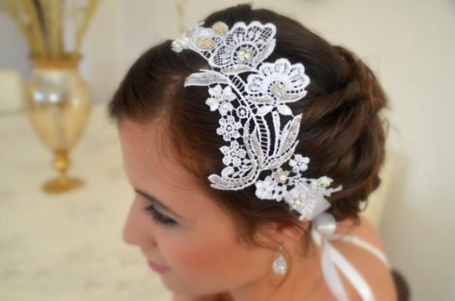 wedding photo - Vintage inspired hand made beaded lace bridal headband floral lace bridal headband wedding accessories wedding headpiece wedding jewelry