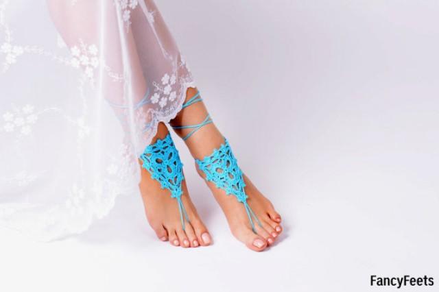 wedding photo - Crochet Aqua Barefoot Sandals, Foot jewelry, Bridesmaid accessory, Barefoot sandles, Anklet, Wedding shoes, Beach Wedding, Summer shoes