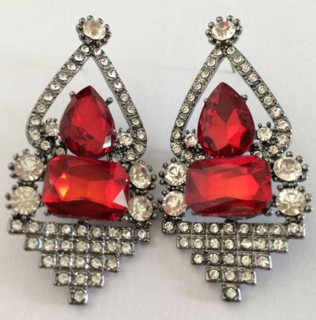 wedding photo - Red Grey Stones Beaded Geometric Stud Fashion Earrings 2015, Girls Prom Earrings