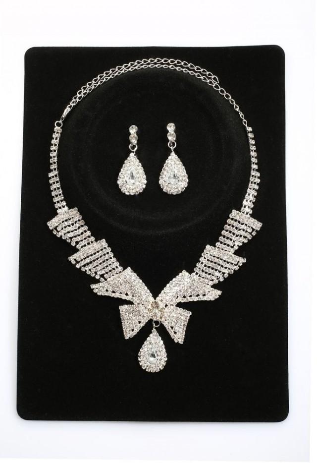 wedding photo - Crystal Beaded Trigonal Wedding Necklace Earrings Set,Bridemaid Prom Jewelry Set