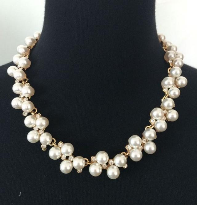 wedding photo - White Pearls Beaded Gold Tone Chain Wedding Jewelry Necklace, Bridal Jewelry