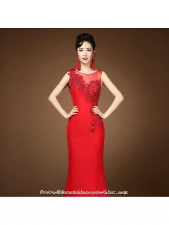 wedding photo - Asymmetry floral lace evening dress floor length red bridal wedding gown