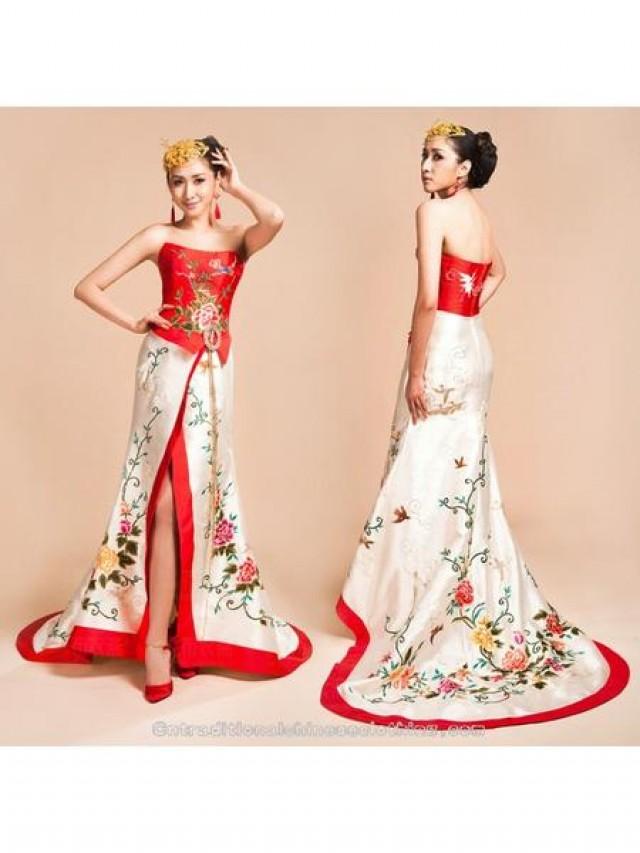 wedding photo - Asian inspired red and white embroidered halter bridal wedding bridal dress (Custom made only)