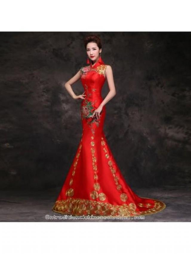 wedding photo - Asian inspired corset closure appliqued embroidered red evening trailing gown