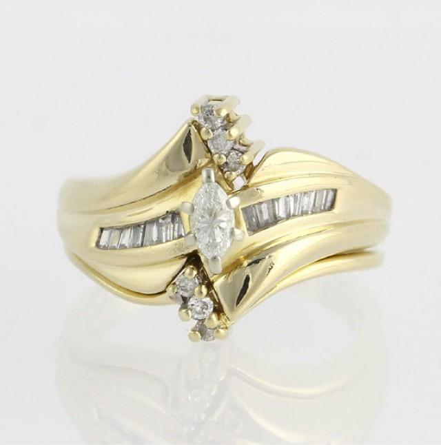 wedding photo - Diamond Wedding Set .38ctw - 14k Gold Engagement Ring Band Wrap Marquise Estate x4676