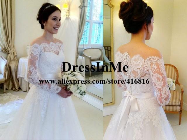 wedding photo - Aliexpress.com : Buy Scalloped Neckline Off the Shoulder Long Sleeves Chantilly Lace Appliqued Princess Wedding Ball Gown Vestidos de Noiva from Reliable ball stretcher suppliers on DressInMe 