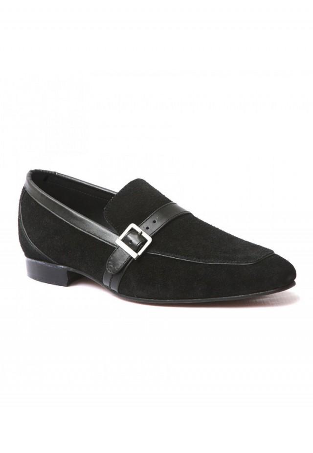 wedding photo - Life Style Mens Black SUEDE LEATHER Casual Shoes With Leather Trim
