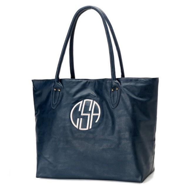Monogrammed Tote Bag, Faux Leather Tote Bag, Bridesmaid Tote,Teachers Gift, Nylon Tote Bag, Navy ...