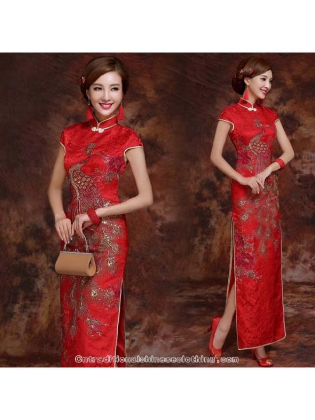wedding photo - Appliqued floral embroidered peacock red long wedding cheongsam