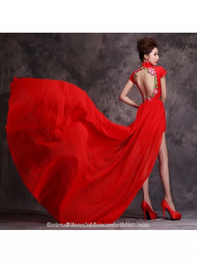 wedding photo - Asian inspired embroidered florl mandarin collar cap sleeve red lace chiffon trailing prom dress